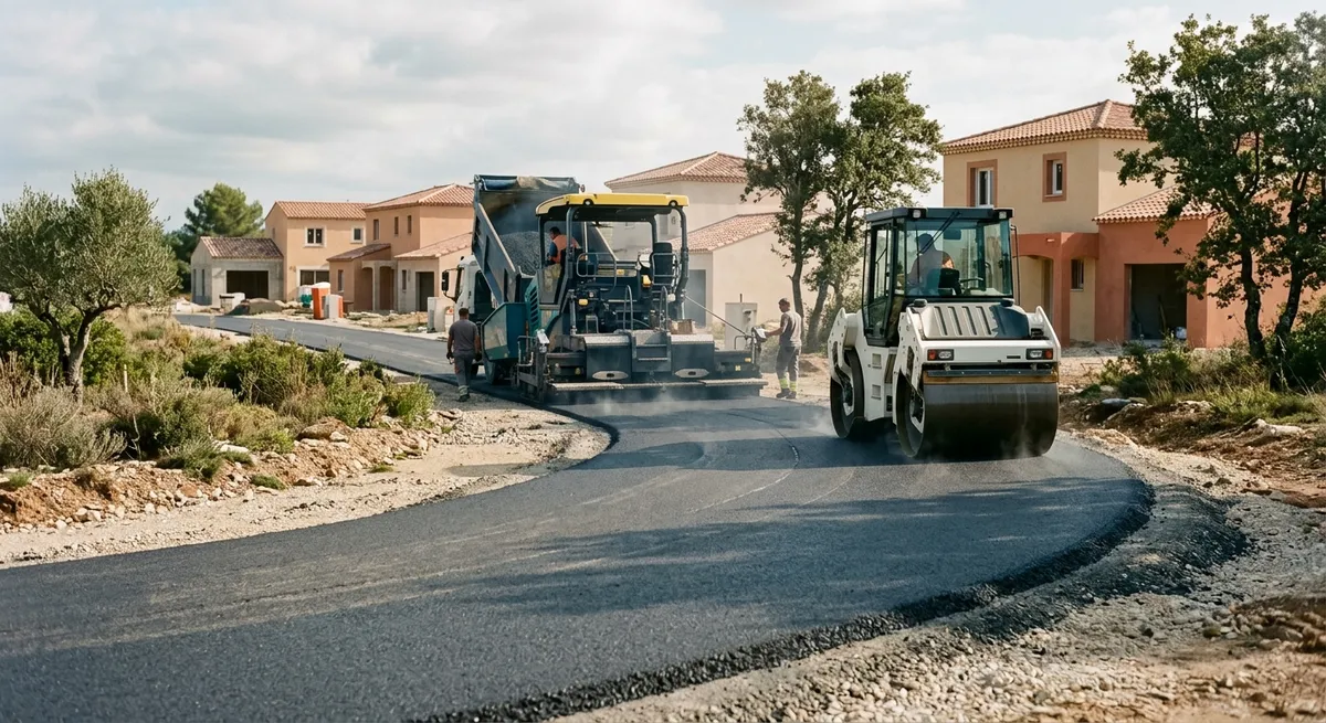 Pose d’enrobé sur une voirie neuve